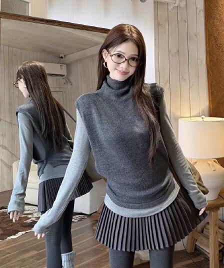 한 부서 느슨함 센스 회색 터틀넥 스웨터 조끼 조끼 여자 가을 겨울철 스택 착용 외부 가져 가라. 말뚝 더미 칼라 민소매 맨위