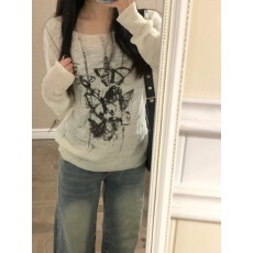 批发美式复古涂鸦针织长袖<b class='q'>t</b><b class='q'>恤</b><b class='q'>女</b>早春慵懒风小众显瘦镂空薄款罩衫上衣