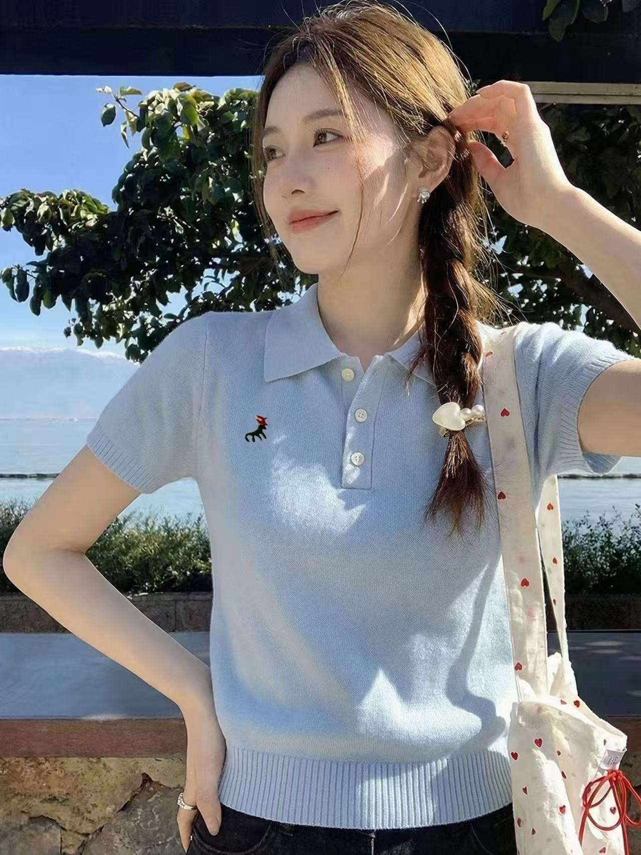 2026 여름 새로운 여성 달콤한 스타일 한 부서 POLO 칼라 반팔 티셔츠 니트 스웨터 올해 인기 ~ 중 맨위