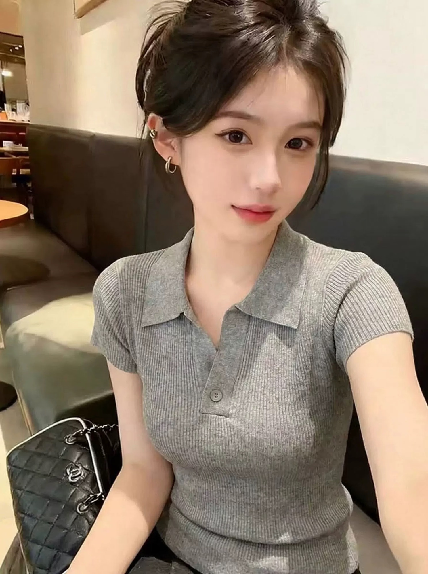 회색 POLO 칼라 니트 반팔 여성 여름 착용 가져 가라. 고급 센스 몸매 가꾸기 슬림해 보이는 맨위