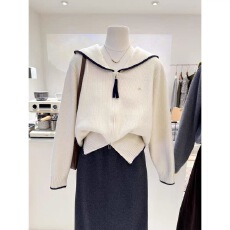 批发秋装新款女韩版宽松时尚甜美海军领线衫开衫百搭休闲毛衣外套上衣