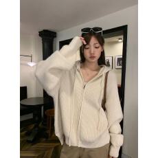 批发软糯慵懒风拉链毛衣<b class='q'>外套</b> 秋季新款宽松灰色连帽针织开衫女