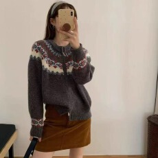 批发复古费尔岛提花圆领毛衣<b class='q'>外套</b>女冬季新款慵懒风宽松加厚针织开衫潮