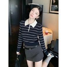 批发韩系高级感撞色条纹polo领长袖t恤女显瘦内搭打底衫<b class='q'>翻领</b>上衣秋冬