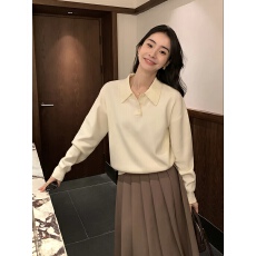 批发简约都市 polo领针织衫女秋冬宽松慵懒毛衣外搭长袖上衣