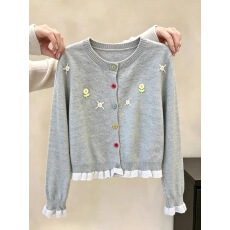 批发韩系温柔风立体<b class='q'>花朵</b>针织开衫女秋冬新款宽松软糯撞色拼接毛衣<b class='q'>外套</b>