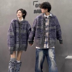 批发秋冬美式复古潮牌彩色编织马海毛<b class='q'>开衫</b>毛衣外套男女撞色拼接<b class='q'>针织</b>衫