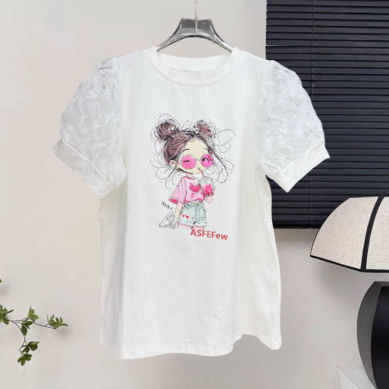 FA34421# 新款重工艺女装立体花朵短袖T恤女学生夏季半袖上衣套头灯笼袖 服裝批發女裝批發服飾貨源