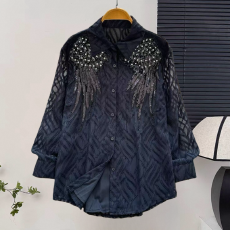 批发法式新款<b class='q'>韩版</b>百搭长袖<b class='q'>衬衫女</b>设计感小众中长款重工亮片镶钻上衣