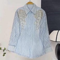 批发法式新款<b class='q'>韩版</b>百搭长袖<b class='q'>衬衫女</b>设计感小众中长款重工亮片镶钻上衣