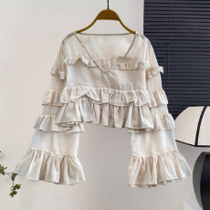批发春季新款时尚洋气甜美气质木耳边雪纺圆领女上衣