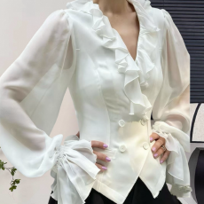 批发韩国ins 法式设计感荷叶边<b class='q'>衬衫</b>女仙气上衣