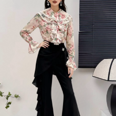 批发洋气粉色印花<b class='q'>衬衫</b>女设计感新目耳边长袖小衫<b class='q'>衬衣</b>雪纺衫