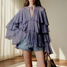 批发法式雪纺衬衫女春季新款荷叶边蛋糕上衣薄款长袖衬衣