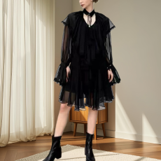 批发新款春季长奢荷叶边蝴蝶结褶皱喇叭袖烫金小香风<b class='q'>连衣裙</b>设计感钉