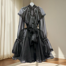 批发新款春季长奢荷叶边蝴蝶结褶皱喇叭袖烫金小香风<b class='q'>连衣裙</b>设计感钉