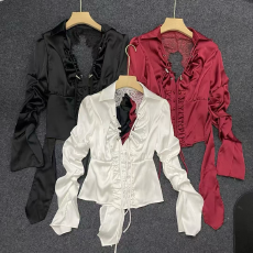 批发韩系纯欲风长袖女慵懒风气质名媛荷叶边拼接喇叭袖<b class='q'>雪纺衫</b>宽松衬衫