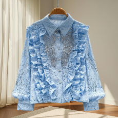 批发时尚甜美叠层荷叶边拼接单排扣宽松百搭气质微透欧根纱<b class='q'>衬衫</b>