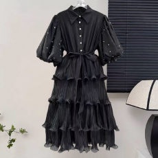 批发新款春季长奢荷叶边蝴蝶结褶皱喇叭袖烫金小香风<b class='q'>连衣裙</b>设计感钉