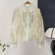 批发时尚甜美叠层荷叶边拼接单排扣宽松百搭气质微透欧根纱<b class='q'>衬衫</b>