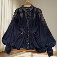 批发法式珠光绑带蝴蝶结白色长袖衬衫春季新款高级感仙女流光衬衣