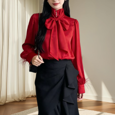 批发法式珠光绑带<b class='q'>蝴蝶结</b>白色长袖<b class='q'>衬衫</b>春季新款高级感仙女流光<b class='q'>衬衣</b>