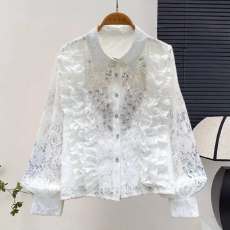 批发时尚甜美叠层荷叶边拼接单排扣宽松百搭气质微透<b class='q'>欧根纱</b>衬衫