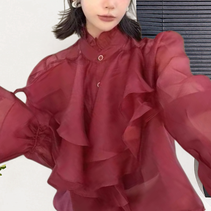 인터넷 유명인 같은 단락 새로운 작은 대중 섹션 층 루즈핏 셔츠 단색 긴팔 미니멀리즘 나팔 소매 셔츠 여성