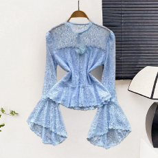 批发网红同款新款小众款层层宽松衬衫纯色长袖简约喇叭袖衬衣女