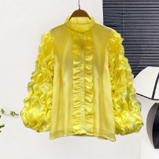 批发宫廷风上衣女秋季法式高级感立体花边灯笼袖宽松流光网纱衬衫