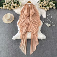 批发法式轻奢荷叶边蝴蝶结褶皱喇叭袖烫金小香<b class='q'>风</b>连衣裙设计感钉