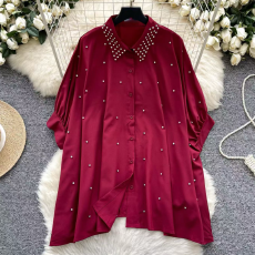 批发欧货跨境个性满天星纯色钉珠宽松<b class='q'>蝙蝠</b>袖翻领前短后长衬衫