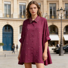 批发欧货跨境个性满天星纯色钉珠宽松<b class='q'>蝙蝠</b>袖翻领前短后长衬衫