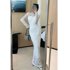 批发法式白色长袖v领连衣裙子女新款巨好看的修身气质a字