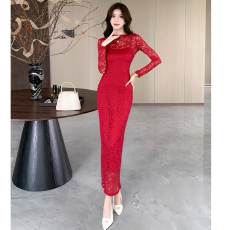 批发法式白色长袖v领连衣裙子女新款巨好看的修身气质a字