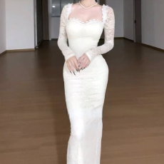 批发法式白色长袖v领连衣裙子女新款巨好看的修身气质a字