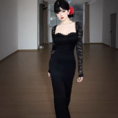 批发法式白色长袖v领连衣裙子女新款巨好看的修身气质a字