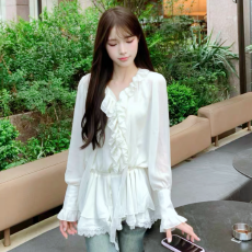 批发法式白色长袖v领连衣裙子女新款巨好看的修身气质a字