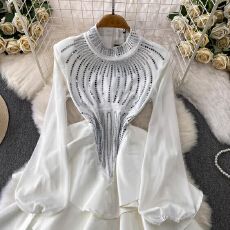 批发圆领<b class='q'>连衣裙</b><b class='q'>女</b>装网纱收腰显瘦荷叶边蛋糕裙欧美轻奢高级感小众烫钻