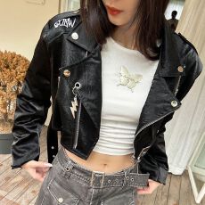 批发<b class='q'>韩国</b>东大门早秋新款休闲pu皮衣西装领外套短款女拉链机车夹克