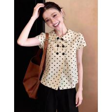 批发法式杏色波点娃娃翻领短袖衬衫高级感<b class='q'>气质</b>上衣学院风2026新款