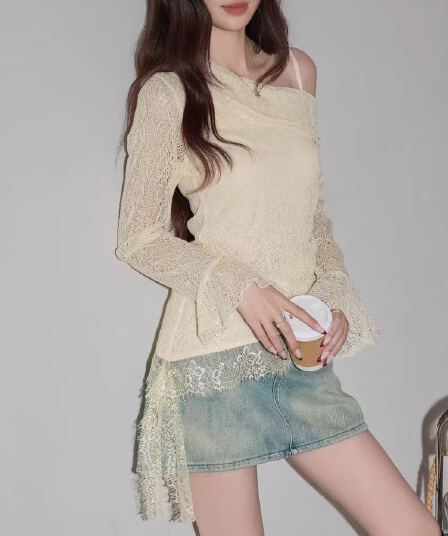 불규칙 비스듬한 어깨 긴팔 망사 패치워크 레이스 2026 새로운