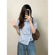批发韩系小清新<b class='q'>不规则</b>设计感短袖衬衫2026新款收腰显瘦上衣女