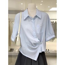 批发韩系小清新<b class='q'>不规则</b>设计感短袖衬衫2026新款收腰显瘦上衣女