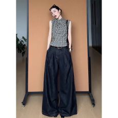 批发法式收腰小衫女复古黑白格无袖上衣飘带设计感s'y