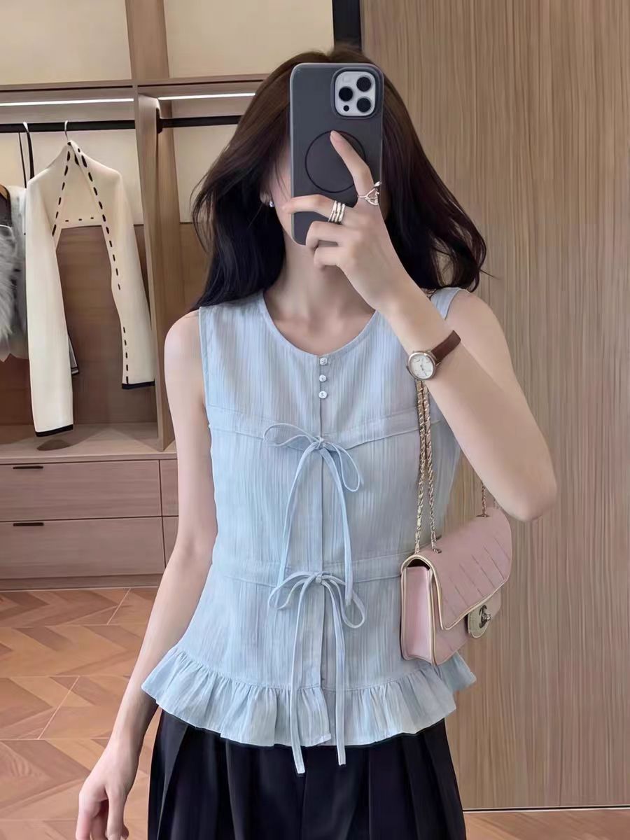 2026 새로운 디자인 센스 나비 넥타이 민소매 여성 셔츠