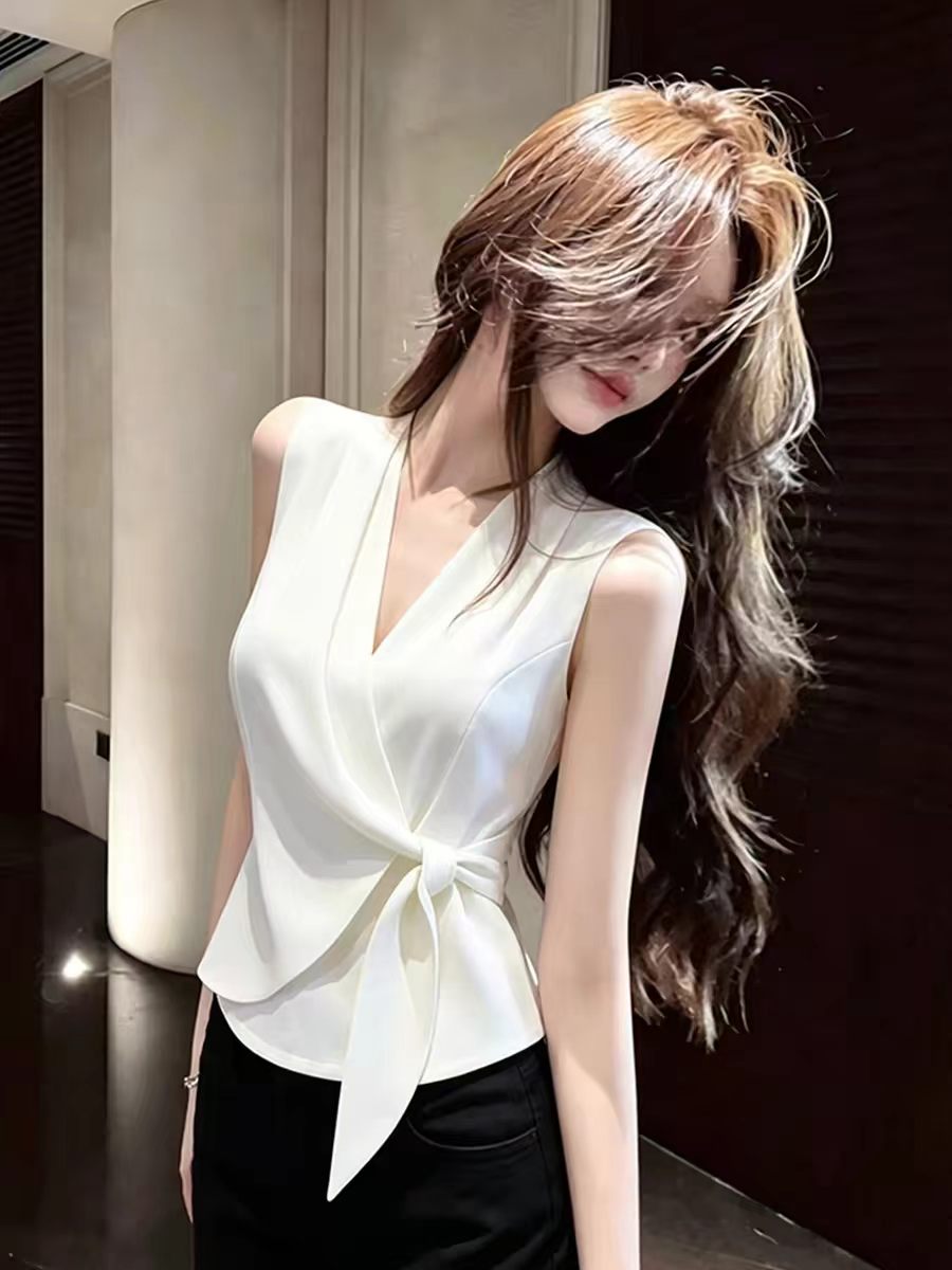 V넥 허리 수축 레이스업 민소매 조끼 여성 셔츠 여름 외국 가스 맨위