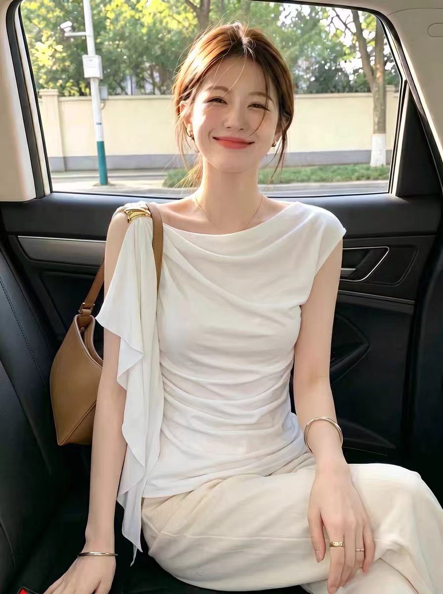 프랑스식 흔들다 칼라 반팔 맨위 디자인 센스 품격 티셔츠 여성