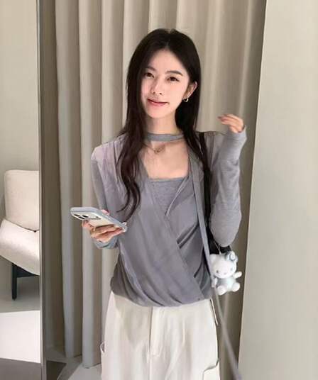한 부서 비스듬한 어깨 의류 여성 양모 슬림해 보이는 페이크 레이어드 행침 목 긴팔 티셔츠