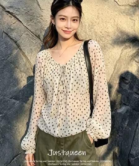 프랑스식 레이스업 맨위 루즈핏 통기성 도트 무늬 쉬폰 블라우스